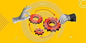 Teamwork and collaboration. Hands control interconnected gears. For workflow visualization, efficiency and control photo