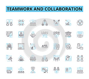 Teamwork and collaboration linear icons set. Synergy, Alliance, Cohesion, Unity, Partnership, Cohort, Connection line