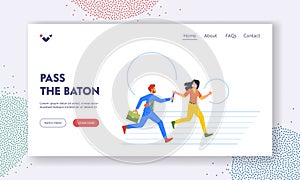 Teamwork Competition,Landing Page Template. Business Characters Man and Woman Participate In Relay Race Passing Baton