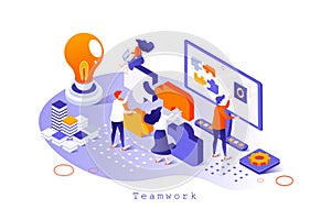 Teamwork concept in 3d isometric design. Colleagues work