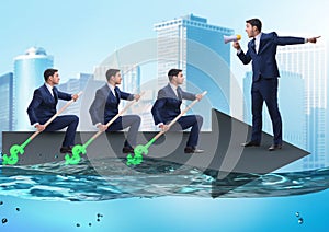 Teamwork concept with businessmen on boat