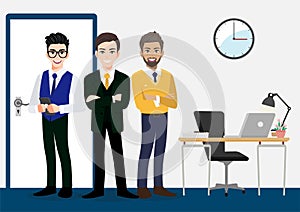 Teamwork concept with businessmen cartoon character design. three males standing in the office area vector