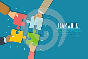 Teamwork concept. Businessmen hold in hands and connect the pieces of jigsaw puzzle. Team work business metaphor.