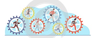 Teamwork concept, businessmen running inside machine gears. Male and female characters cooperation and collaboration