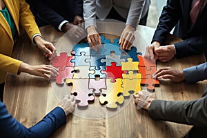 Teamwork concept. Close up of businesspeople hands assembling jigsaw puzzle