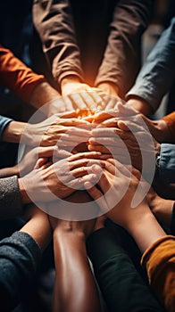 Teamwork concept. Close-up vertical of a group of people putting their hands together