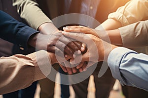 Teamwork concept. Close up of young multiethnic businesspeople holding hands together, Group of diverse hands holding each other