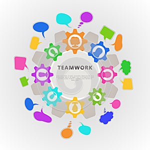 Teamwork concept with cogwheel, people icon avatar and speech bubbles. Banner template design for business team