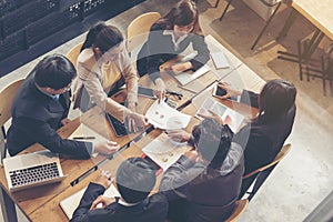 Teamwork Concept. Collaboration Team Meeting Communication with Business Teamwork Working Together in Conference Room. Top view of