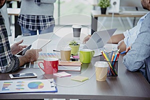 Teamwork Concept. Collaboration Team Meeting Communication with Business Teamwork Working Together in Conference Room. Top view of