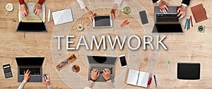 teamwork concept, flat lay, people at the table work as a team to achieve the best business