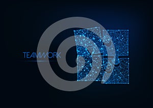 Teamwork concept with four glowing low poly jigsaw puzzle pieces on dark blue background.