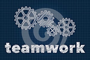 Teamwork concept with gears on blueprint