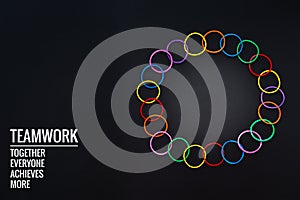 Teamwork concept. group of colorful rubber band on black background with word Teamwork, Together, Everyone, Achieves and More