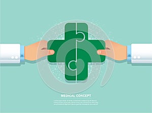 Teamwork concept. hand putting the puzzle madical icon together vector illustration EPS10