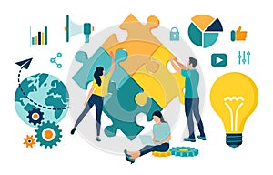 Teamwork concept. People connecting puzzle elements. Business team. Symbol of teamwork, cooperation, partnership, association and