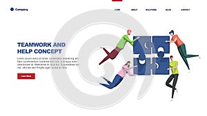 Teamwork concept with persons and puzzle elements. Team Metaphor. Template for web banner, landing page. Flat vector