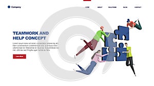 Teamwork concept with persons and puzzle elements. Team Metaphor. Template for web banner, landing page. Flat vector