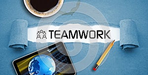 Teamwork concept with tablet and a cup of coffee