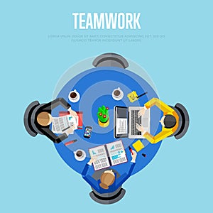 Teamwork concept. Top view workspace background