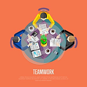 Teamwork concept. Top view workspace background