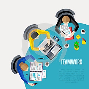 Teamwork concept. Top view workspace background