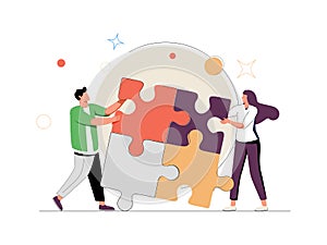 Teamwork concept vector illustration. Business team matching pieces of puzzle. Cooperation or partnership metaphor.