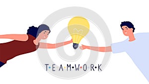 Teamwork concept. Woman giving idea to man. Isolated creative workers, flat flying boy girl with lamp vector