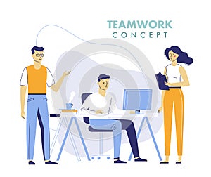 Teamwork concept with young men and woman working together