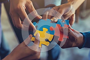 Teamwork: Connecting puzzle pieces. Collaborative effort for problem-solving. Unity and progress. Success through
