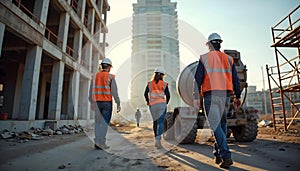 Teamwork Construction Architect Workers Hardhats Collaborating Industrial Setting