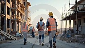 Teamwork Construction Architect Workers Hardhats Collaborating Industrial Setting