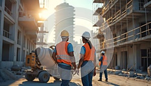 Teamwork Construction Architect Workers Hardhats Collaborating Industrial Setting