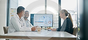 Teamwork, consulting and doctors with patient in hospital in meeting for help or assistance. Healthcare documents, data