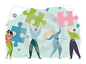 Teamwork, cooperation concept, puzzles in hands successful, joyful people working together design, cartoon vector