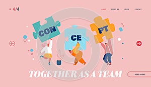 Teamwork Cooperation Concept Website Landing Page. People Assembling Separated Puzzle Construction, Searching Idea
