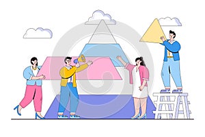 Teamwork, cooperation, partnership, advancement concept. Business people connect the elements of the pyramid. Minimal vector