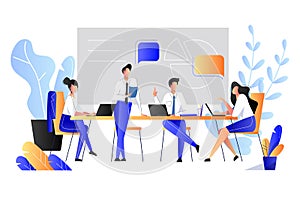 Teamwork, cooperation, partnership concept. Vector flat style illustration. Business people have brainstorming in office