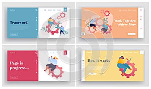 Teamwork Cooperation, Support Website Landing Page Set. Businesspeople Spinning Cogwheel Gears