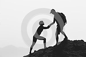 Teamwork couple hiking climbing helping hand