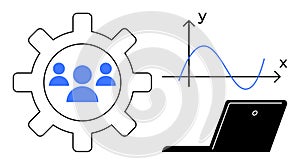 Teamwork and Data Analysis Concept with Gear, Team Icon, Graph, and Laptop Elements