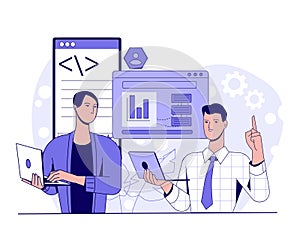 Teamwork on data and coding project. Vector illustration
