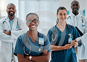 Teamwork, doctors and portrait of black woman with crossed arms for medical help, insurance and trust. Healthcare