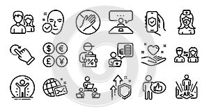 Teamwork, Dont touch and Rotation gesture line icons set. Vector