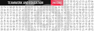 Teamwork and education linear icons collection. Big set of 299 thin line icons in black. Vector illustration