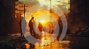 Teamwork in the field: A group of workers working together on a construction site, coordinating their effort