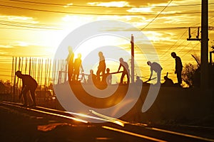 Teamwork in the field: A group of workers working together on a construction site, coordinating their effort