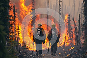 Teamwork of firefighters in the forest, elimination of tree fires in the reserve