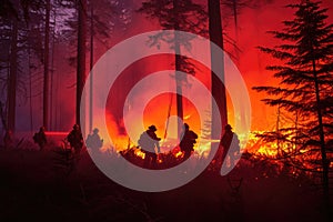 Teamwork of firefighters in the forest, elimination of tree fires in the reserve