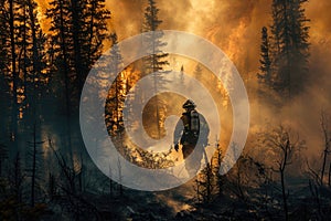 Teamwork of firefighters in the forest, elimination of tree fires in the reserve